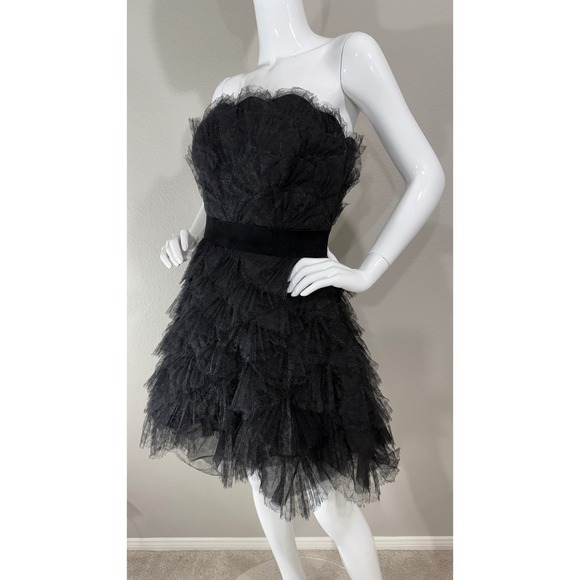 Tadashi Shoji Black Tulle Ruffled Silk Contrast Strapless Bustier Dress Sz 4 - Picture 7 of 12